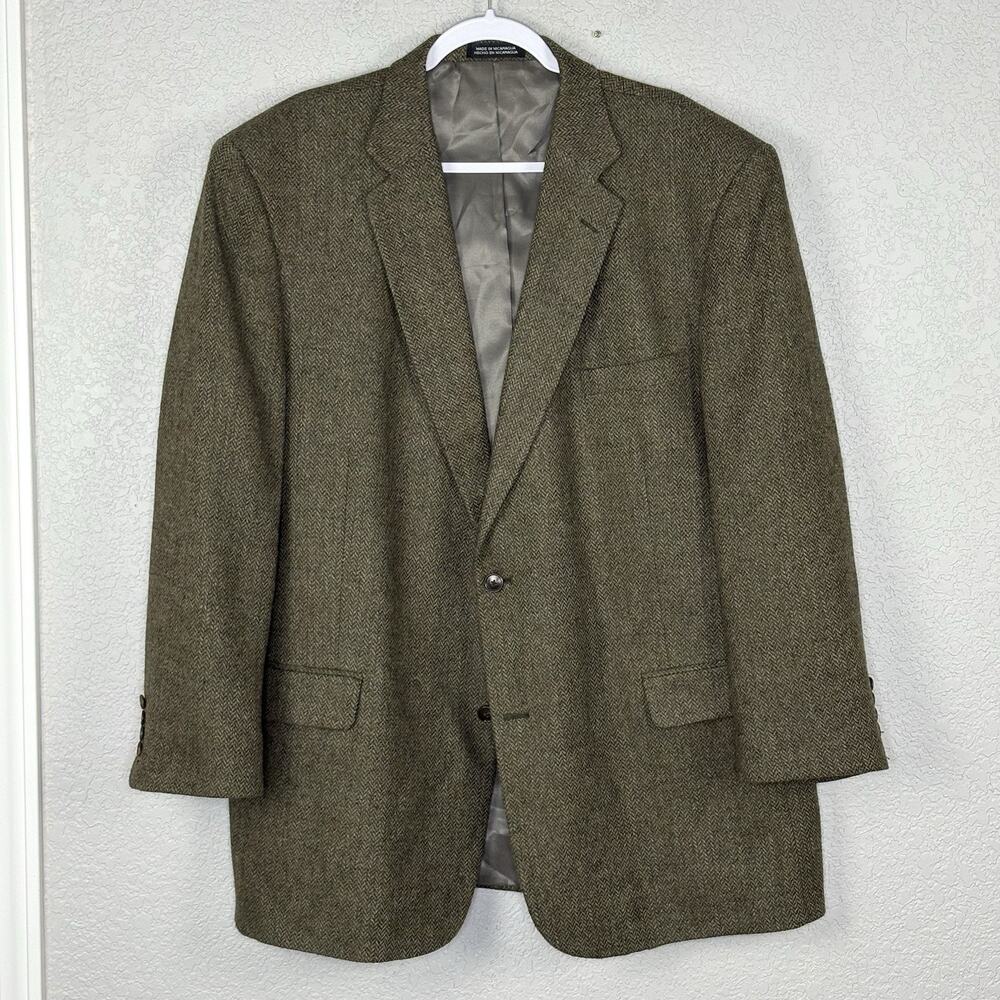 Vtg Barrington Blazer Sport Coat 100% Wool Tweed Olive Green Herringbone Sz 48L
